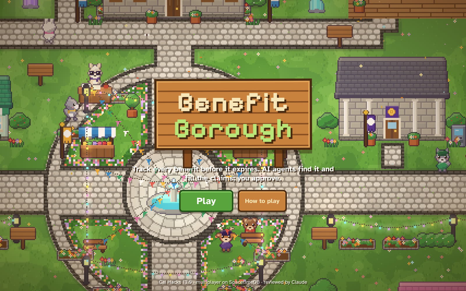 The Benefit Borough title screen over the town square