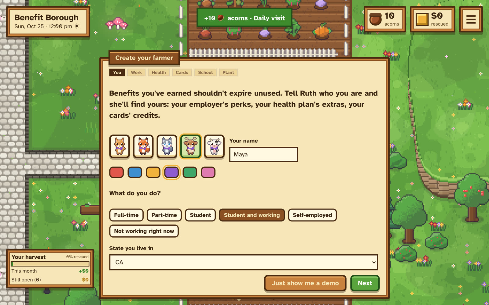 Create your farmer: avatar, name, job and state
