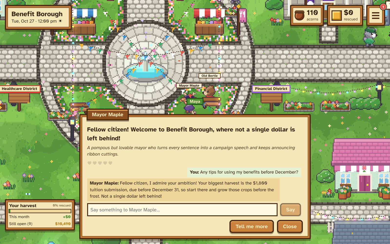 Chatting with Mayor Maple, who gives advice in character