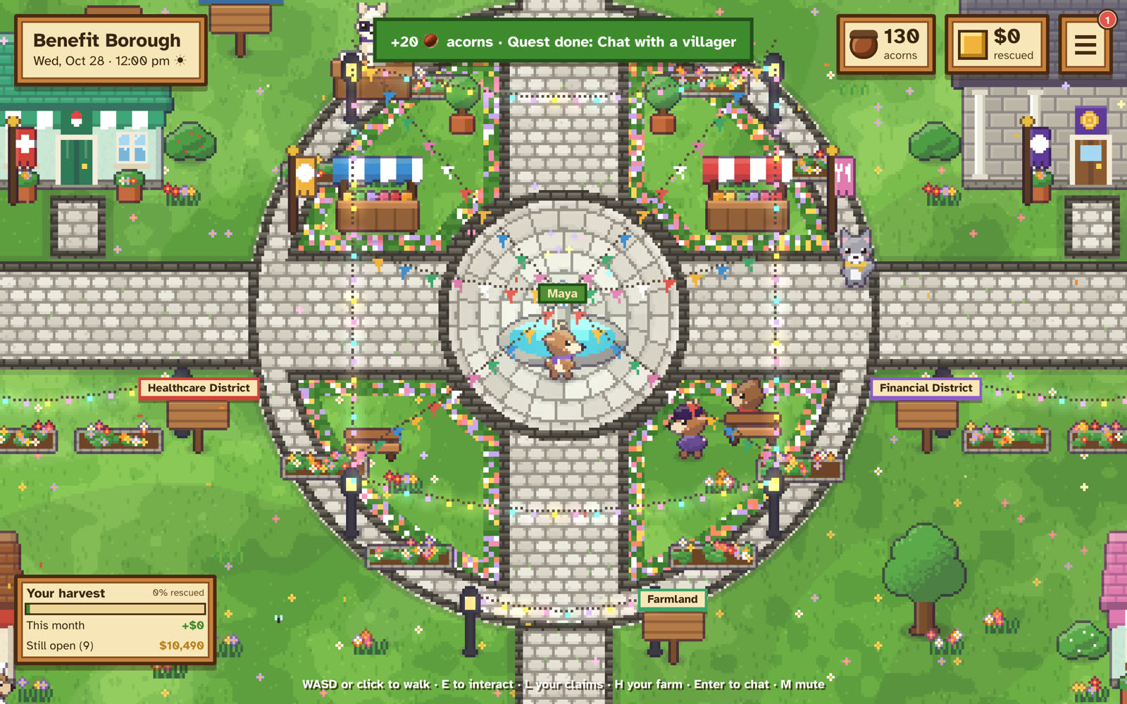 The festival town square with lawns and a fountain