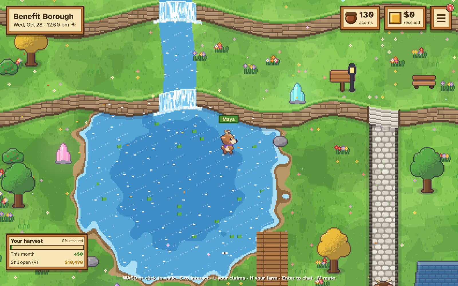 The pond under a two-tier waterfall