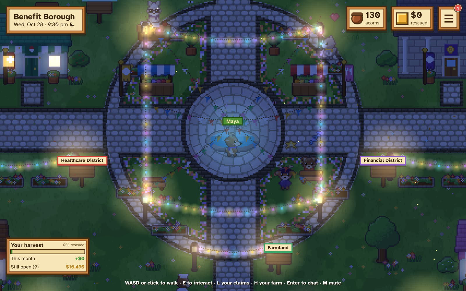 The town square at night with fairy lights